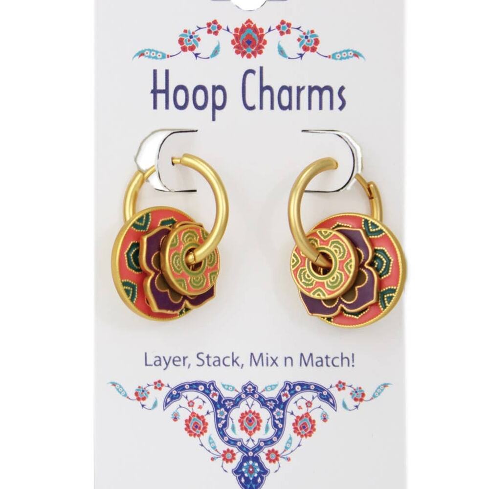 Pink Purple Gold Stacking Hoop Charm Earrings
